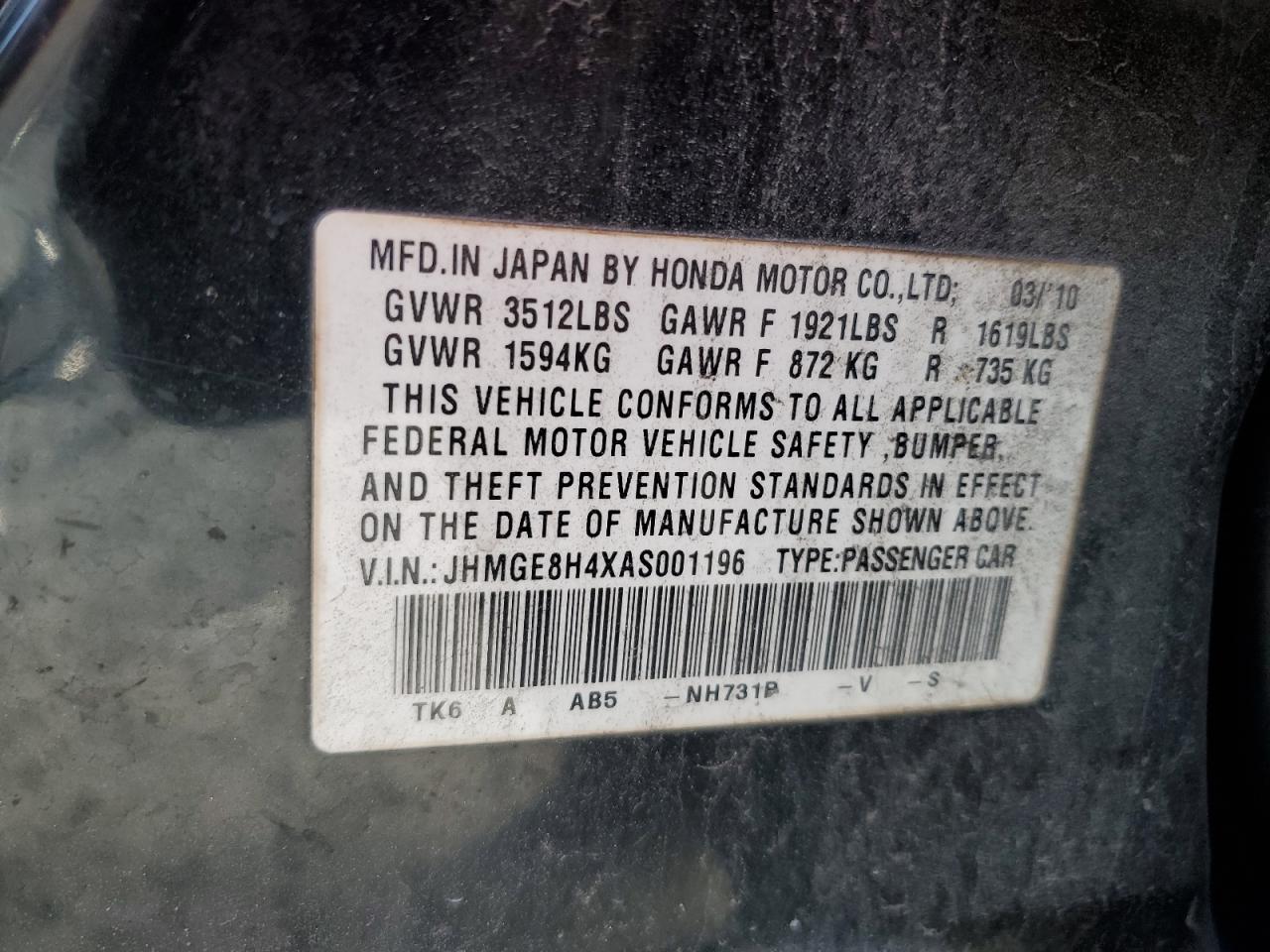 2010 Honda Fit Sport VIN: JHMGE8H4XAS001196 Lot: 64444015