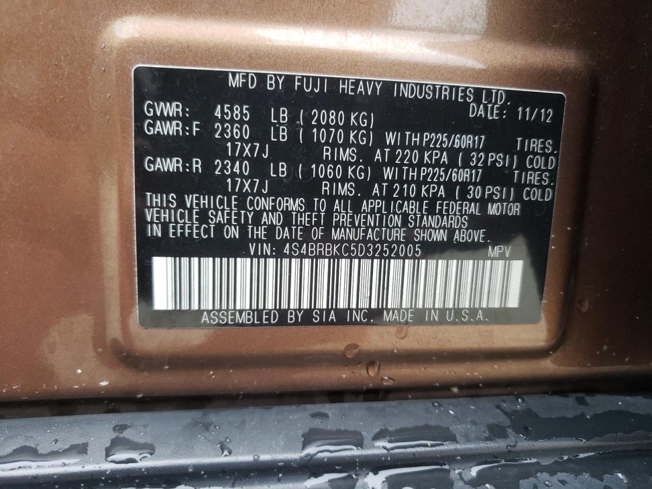 2013 Subaru Outback 2.5I Limited VIN: 4S4BRBKC5D3252005 Lot: 64206455