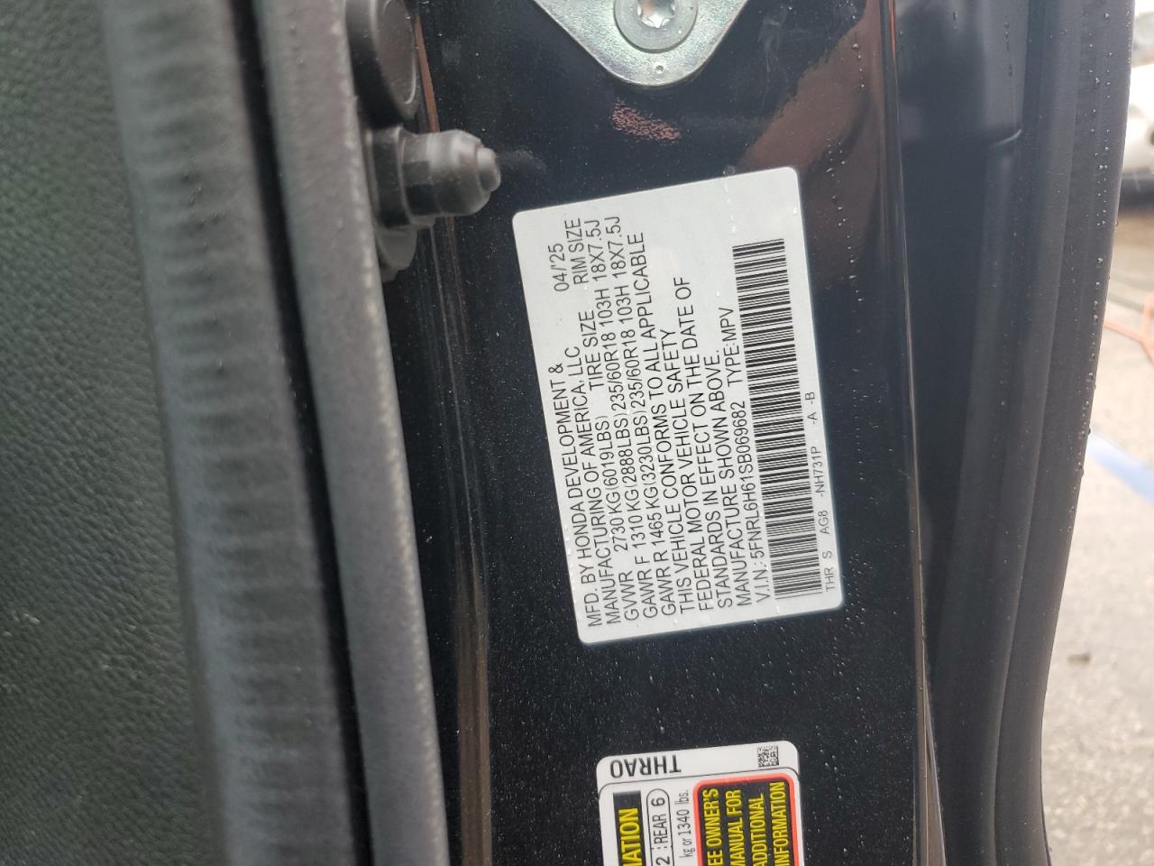 2025 Honda Odyssey Exl VIN: 5FNRL6H61SB069682 Lot: 66191185