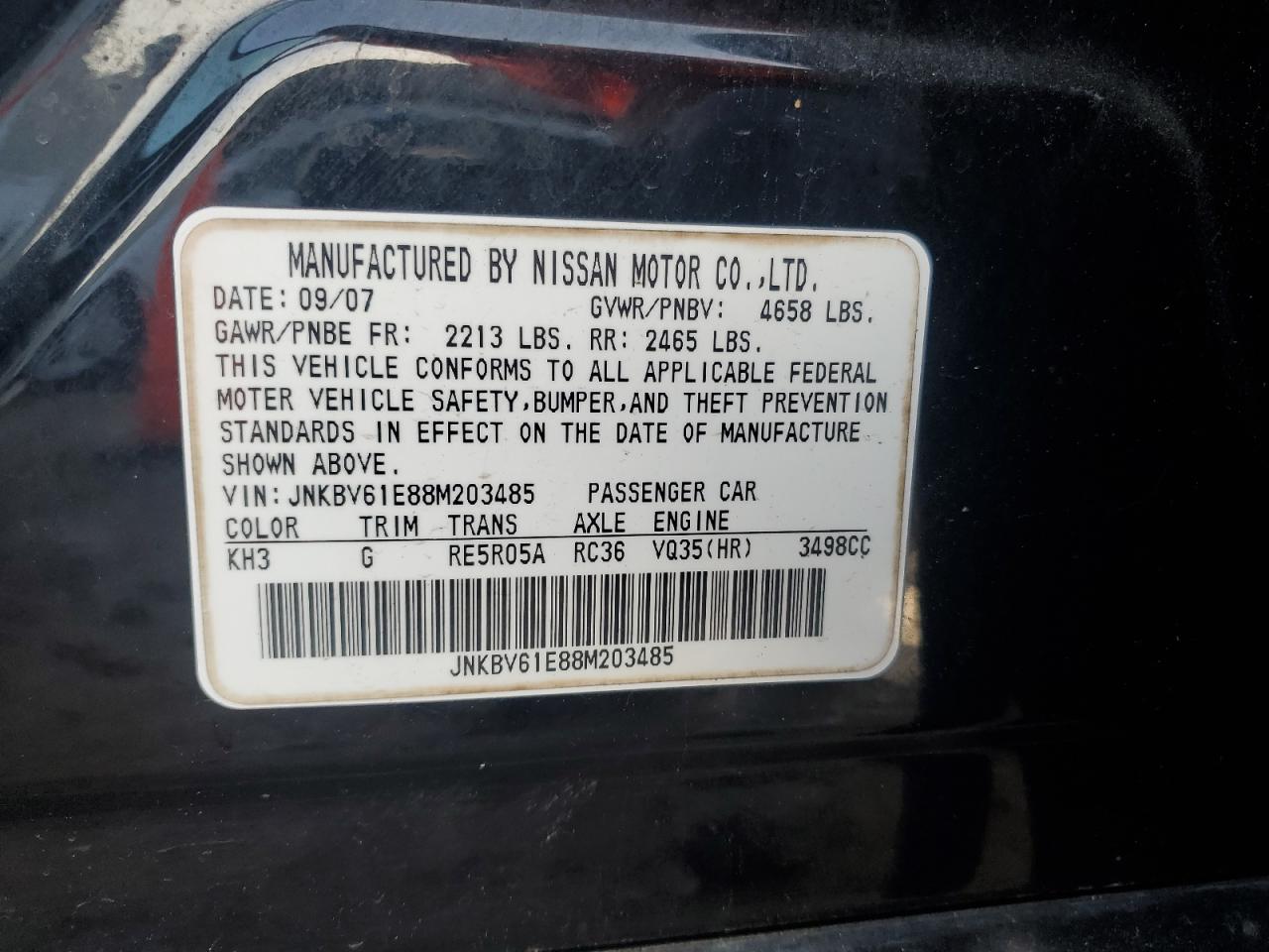 2008 Infiniti G35 VIN: JNKBV61E88M203485 Lot: 63733125
