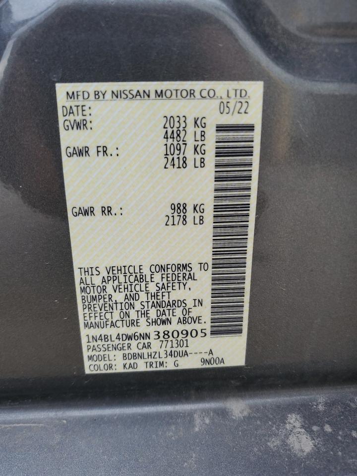 2022 Nissan Altima Sv VIN: 1N4BL4DW6NN380905 Lot: 65260905