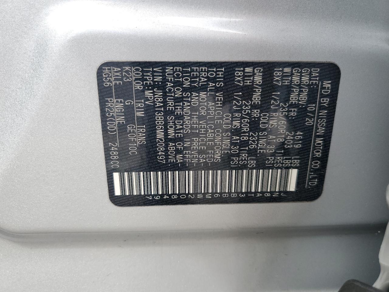 2021 Nissan Rogue Sv VIN: JN8AT3BB6MW208497 Lot: 64312665
