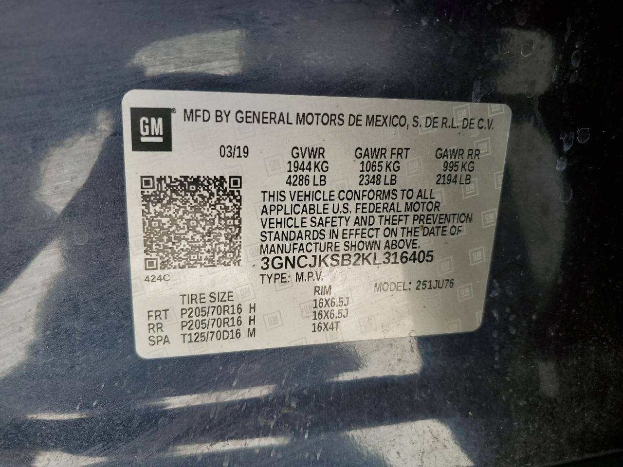 2019 Chevrolet Trax Ls VIN: 3GNCJKSB2KL316405 Lot: 67047145