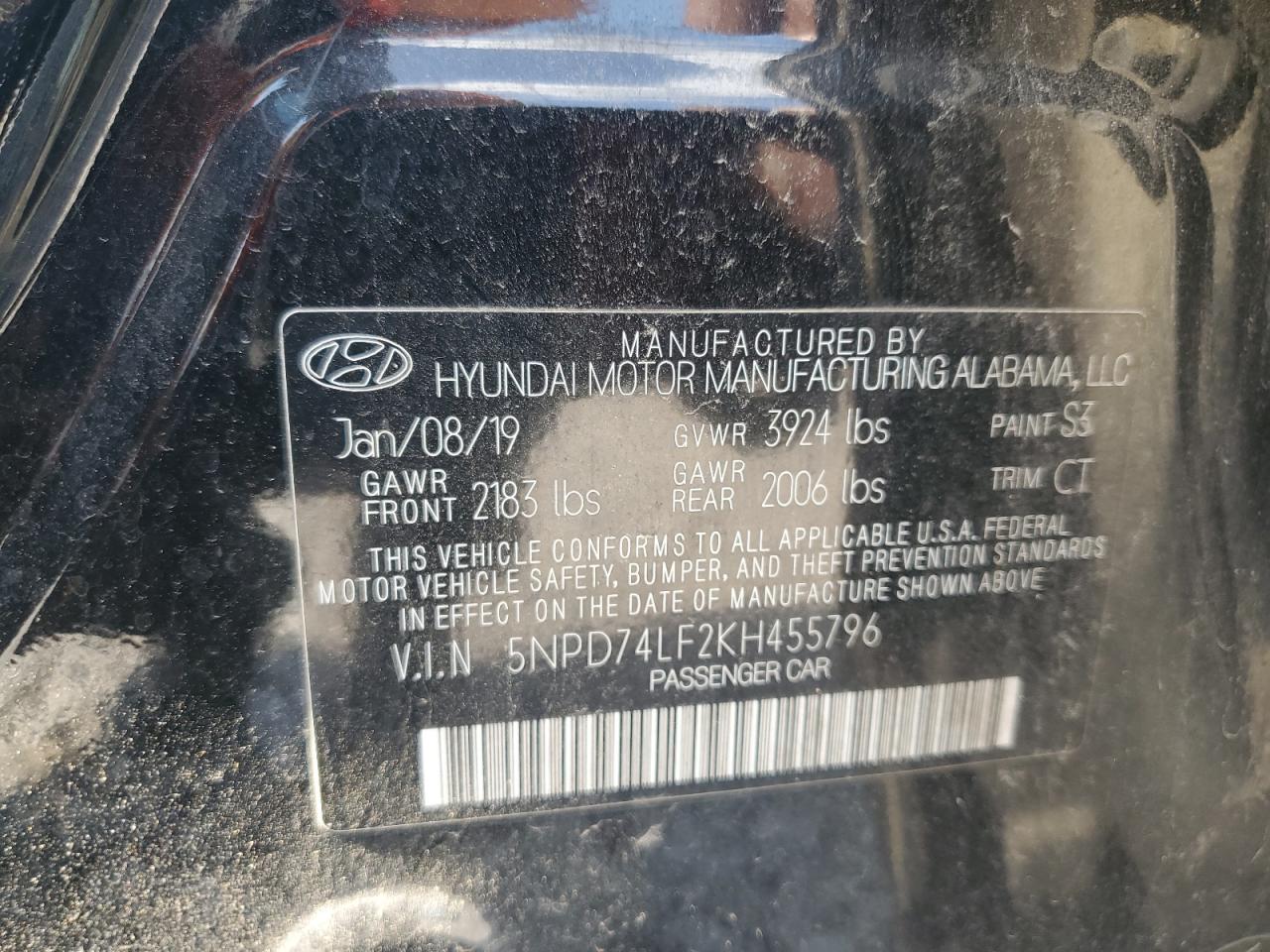 2019 Hyundai Elantra Se VIN: 5NPD74LF2KH455796 Lot: 65261025