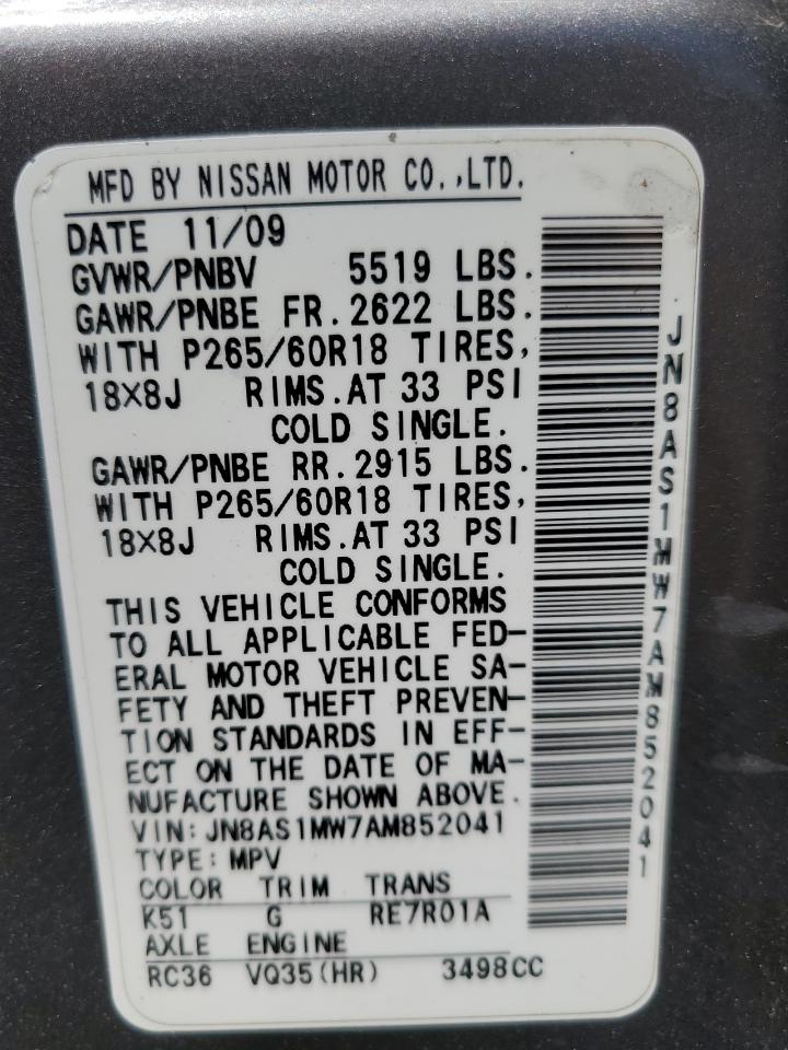 2010 Infiniti Fx35 VIN: JN8AS1MW7AM852041 Lot: 63088765