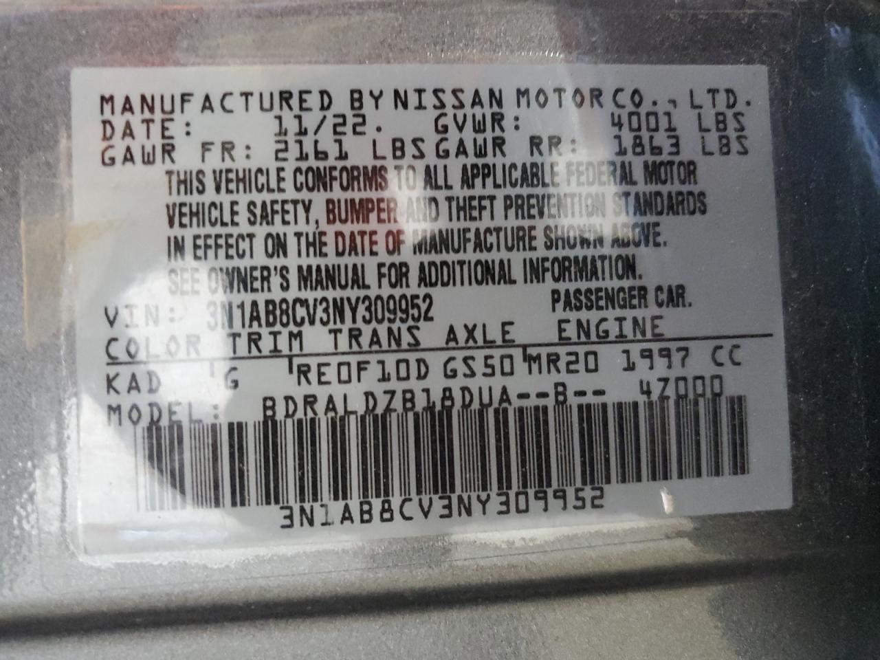 2022 Nissan Sentra Sv VIN: 3N1AB8CV3NY309952 Lot: 66856405