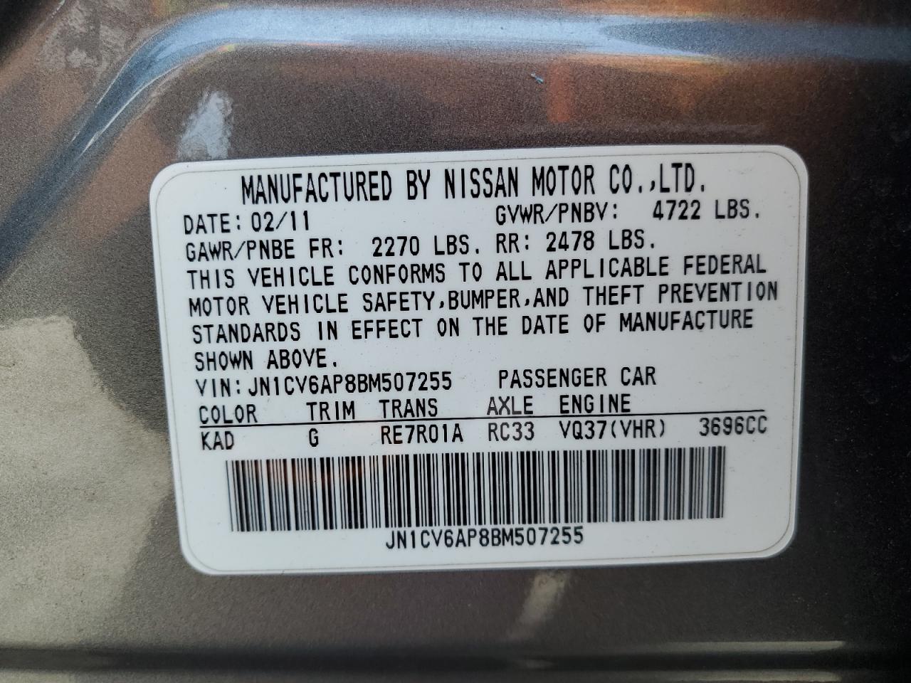 2011 Infiniti G37 Base VIN: JN1CV6AP8BM507255 Lot: 64901425