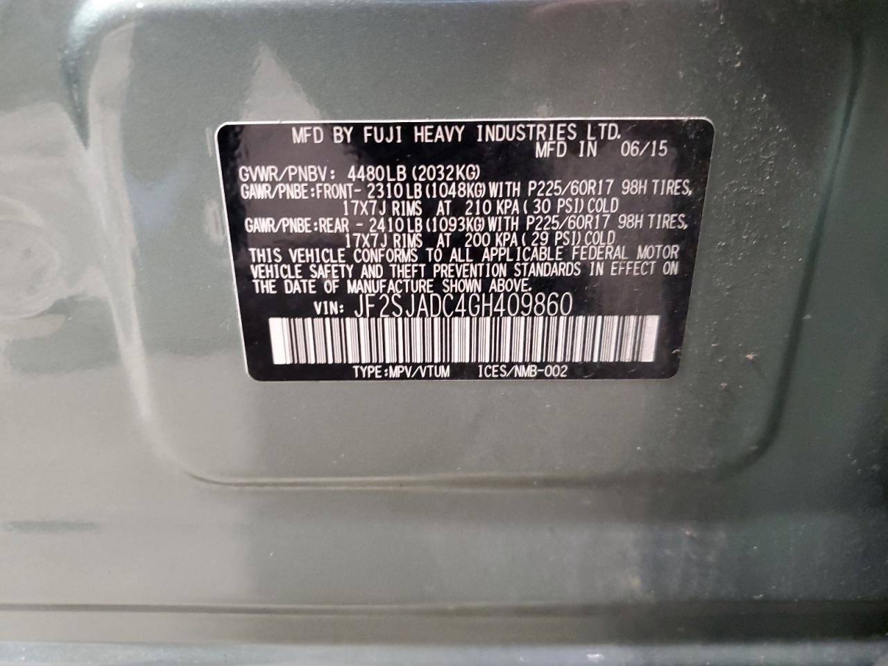 2016 Subaru Forester 2.5I Premium VIN: JF2SJADC4GH409860 Lot: 64429945