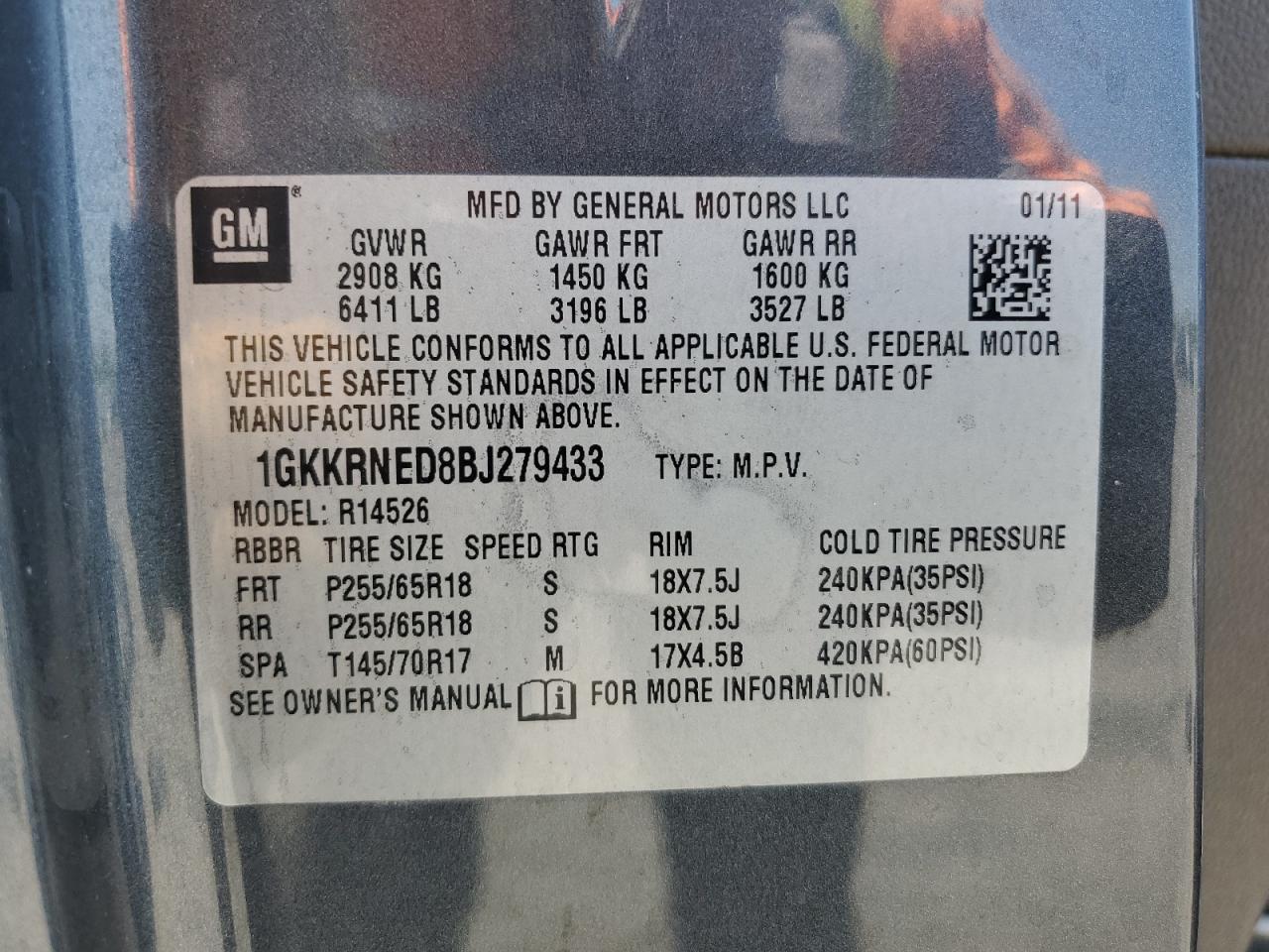 2011 GMC Acadia Sle VIN: 1GKKRNED8BJ279433 Lot: 64815485