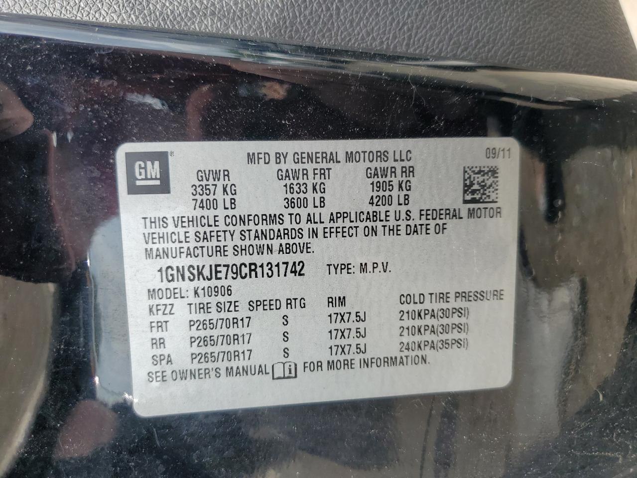 2012 Chevrolet Suburban K1500 Lt VIN: 1GNSKJE79CR131742 Lot: 63785505