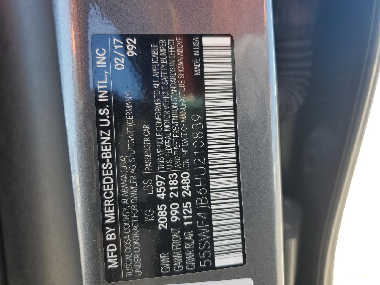 2017 Mercedes-Benz C 300 VIN: 55SWF4JB6HU210839 Lot: 62349385