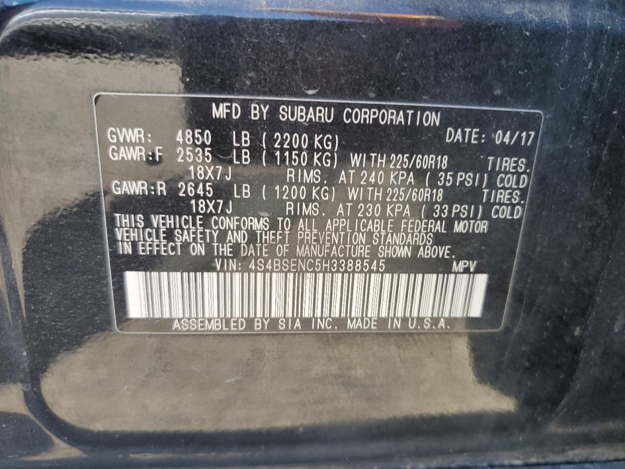 2017 Subaru Outback 3.6R Limited VIN: 4S4BSENC5H3388545 Lot: 65626685
