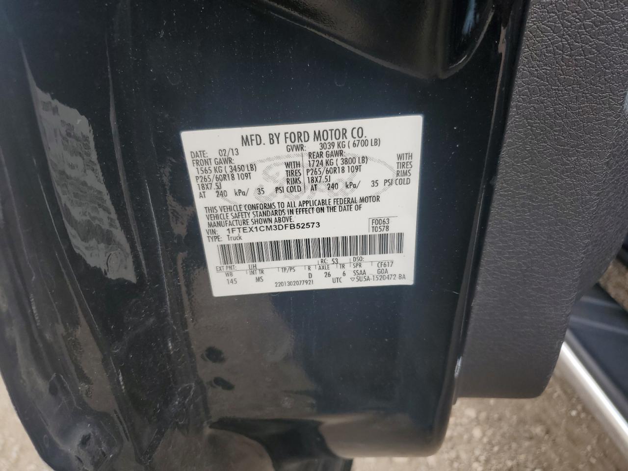 2013 Ford F150 Super Cab VIN: 1FTEX1CM3DFB52573 Lot: 66716955