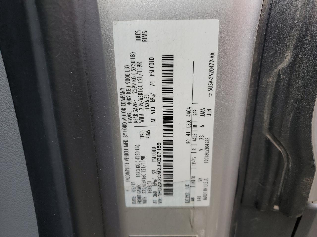 2018 Ford Transit T-350 VIN: 1FDZX2CM2JKB07159 Lot: 65980025