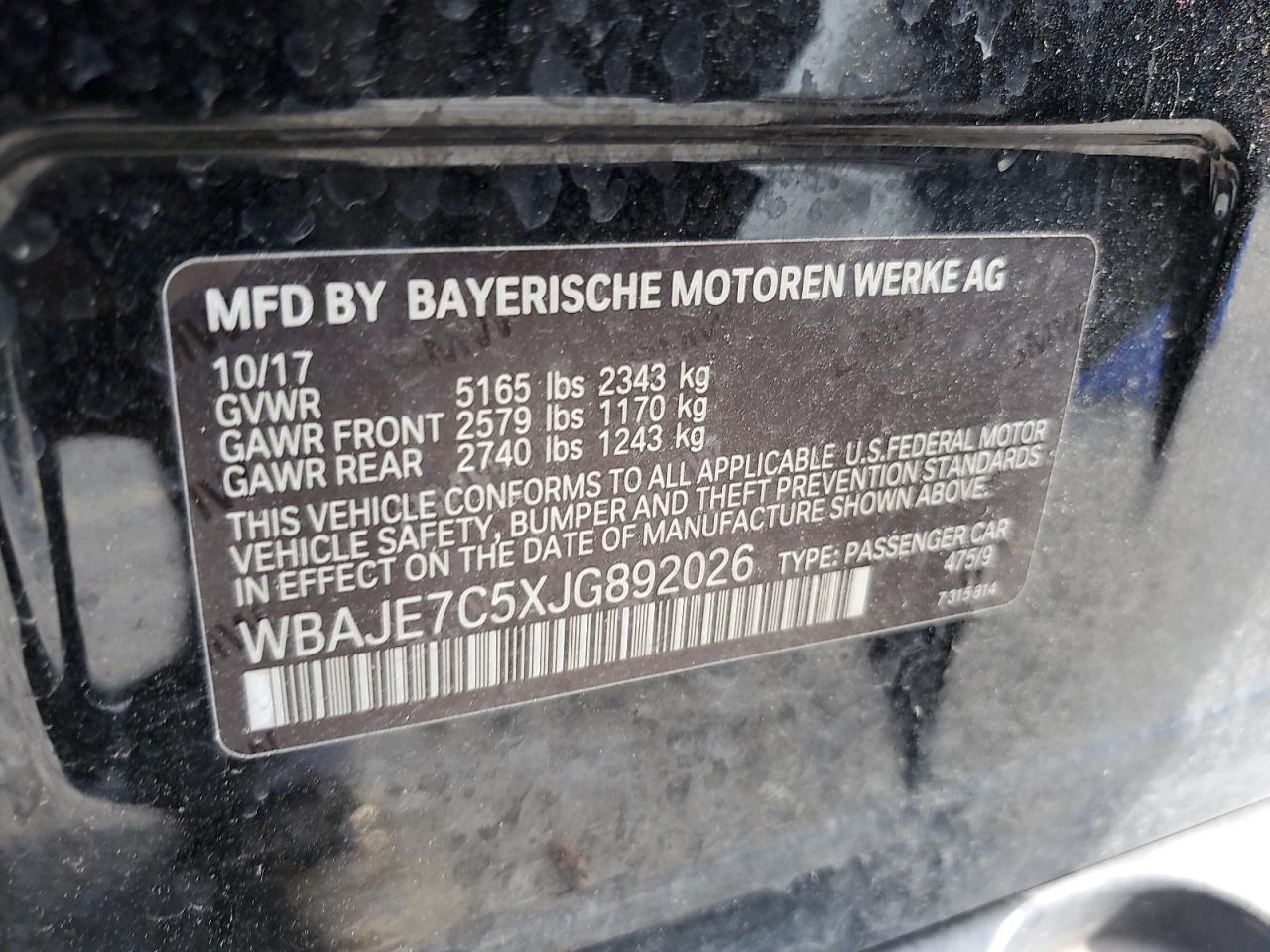 2018 BMW 540 Xi VIN: WBAJE7C5XJG892026 Lot: 63689925