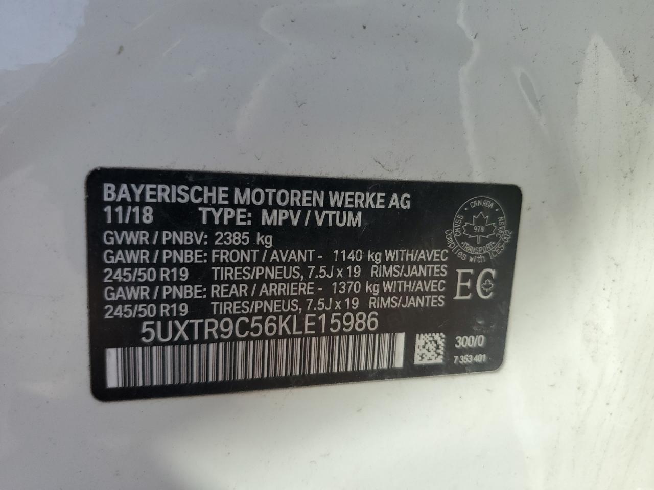 2019 BMW X3 xDrive30I VIN: 5UXTR9C56KLE15986 Lot: 62844055