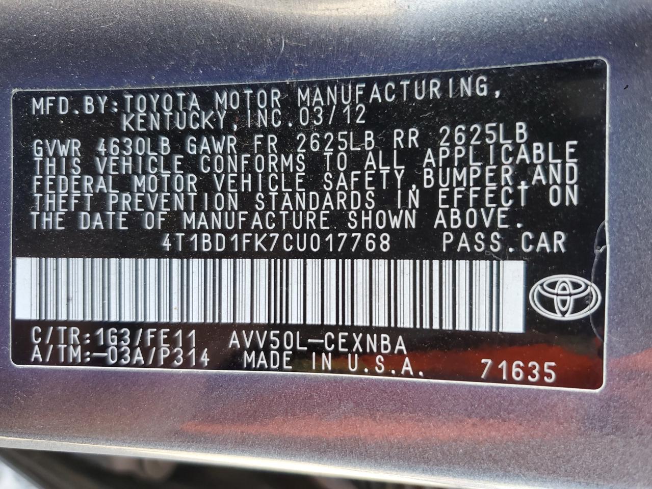 2012 Toyota Camry Hybrid VIN: 4T1BD1FK7CU017768 Lot: 65020685