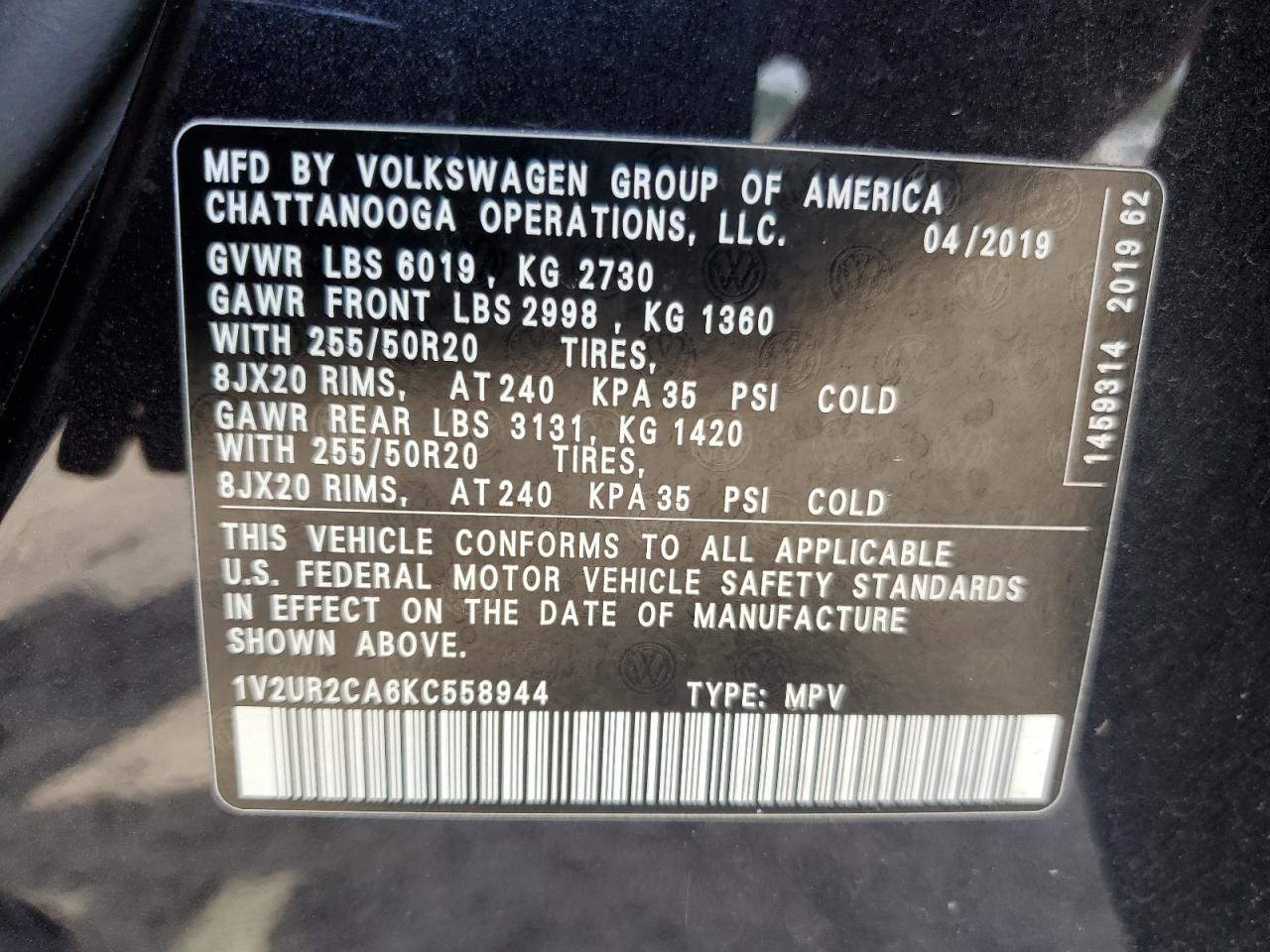 2019 Volkswagen Atlas Se VIN: 1V2UR2CA6KC558944 Lot: 65274855