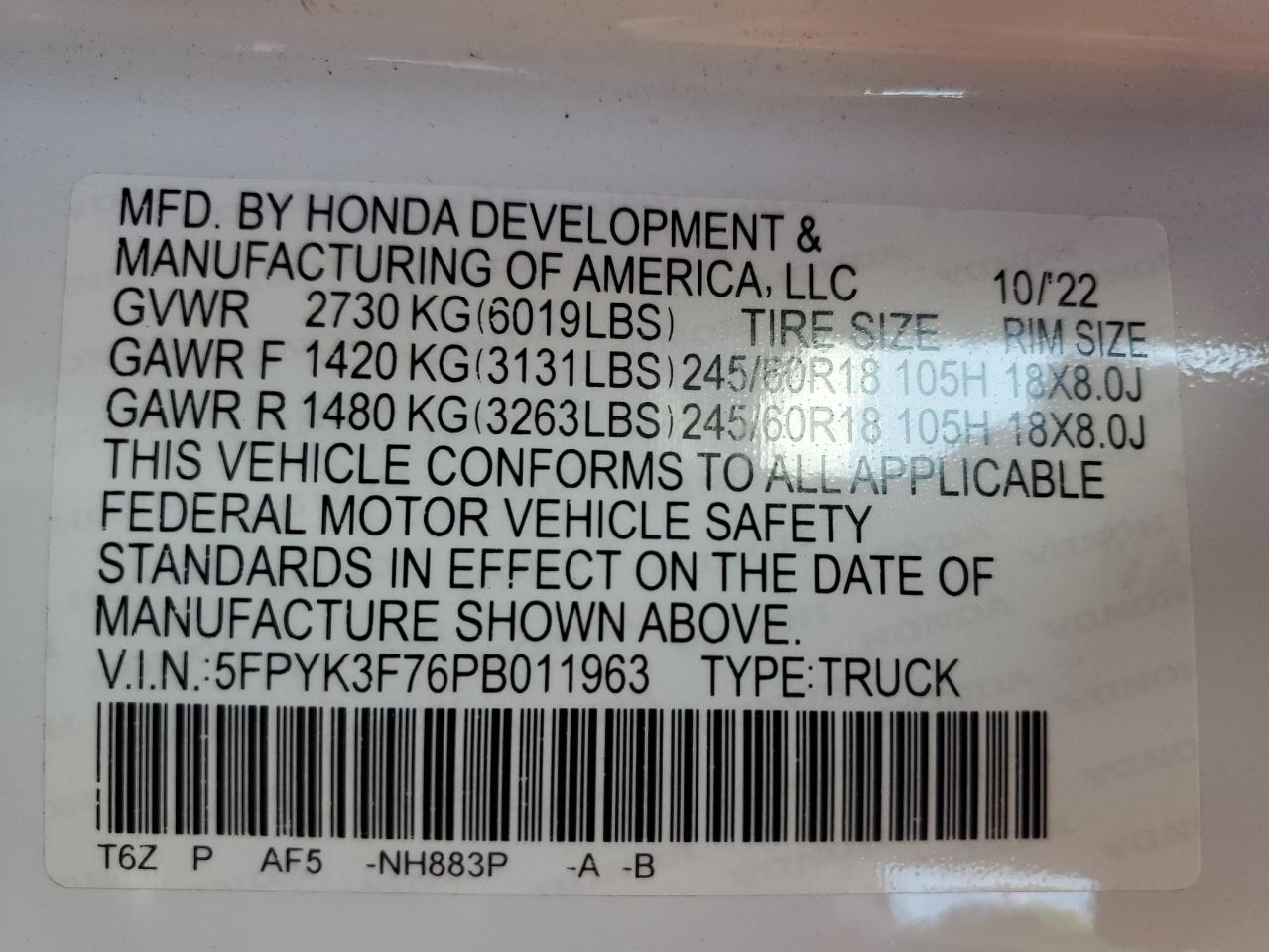 2023 Honda Ridgeline Rtl-E VIN: 5FPYK3F76PB011963 Lot: 63079165