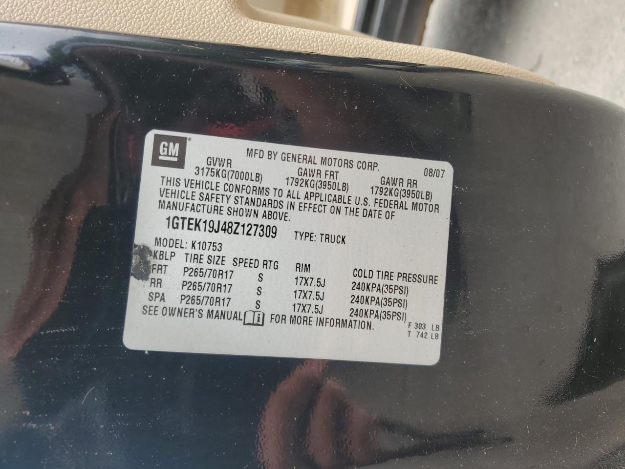 2008 GMC Sierra K1500 VIN: 1GTEK19J48Z127309 Lot: 63412025