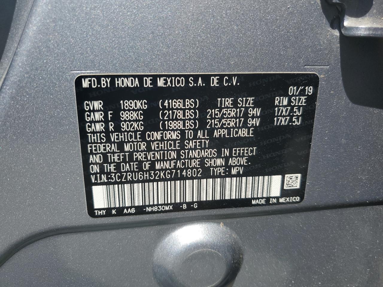 2019 Honda Hr-V Lx VIN: 3CZRU6H32KG714802 Lot: 64933675