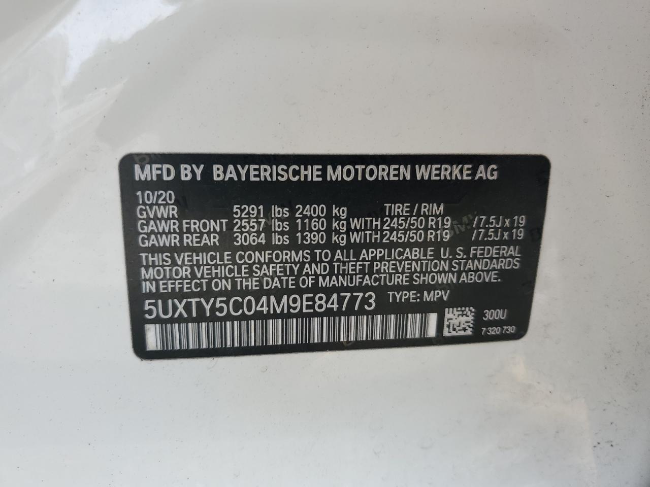 2021 BMW X3 xDrive30I VIN: 5UXTY5C04M9E84773 Lot: 64103265