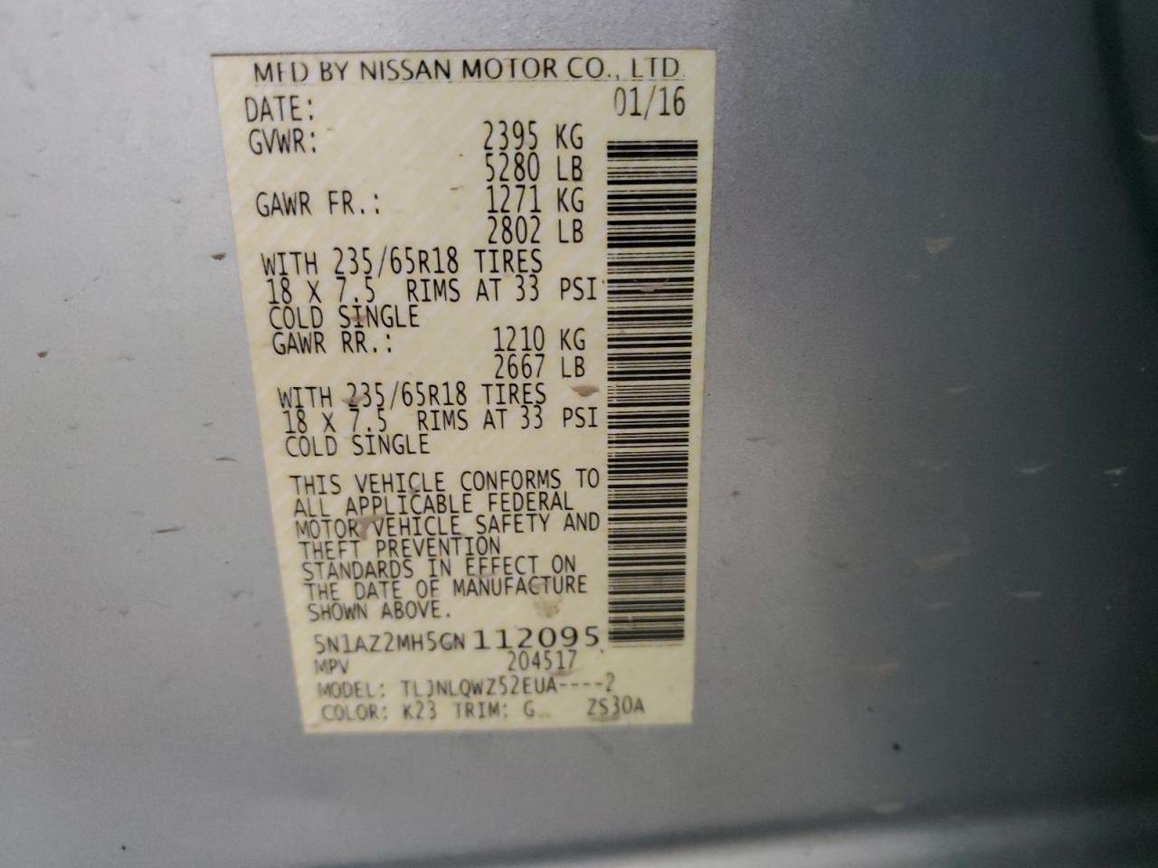 2016 Nissan Murano S VIN: 5N1AZ2MH5GN112095 Lot: 62897095