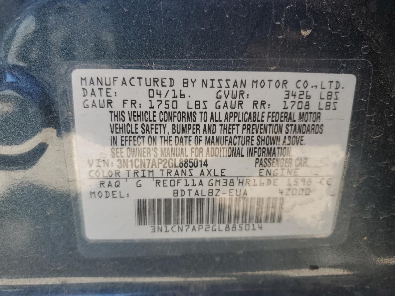 2016 Nissan Versa S VIN: 3N1CN7AP2GL885014 Lot: 64091375