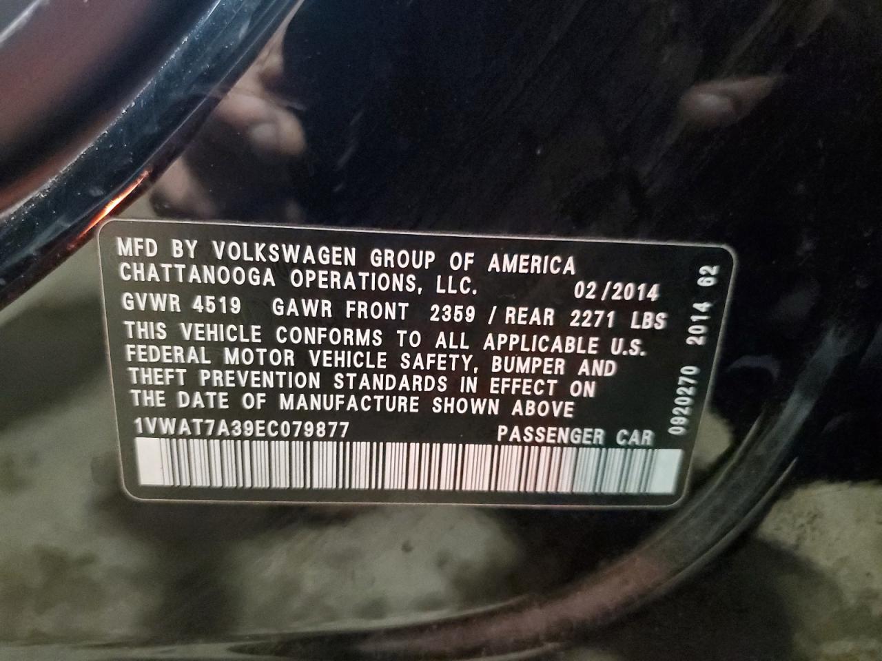 2014 Volkswagen Passat S VIN: 1VWAT7A39EC079877 Lot: 64718995