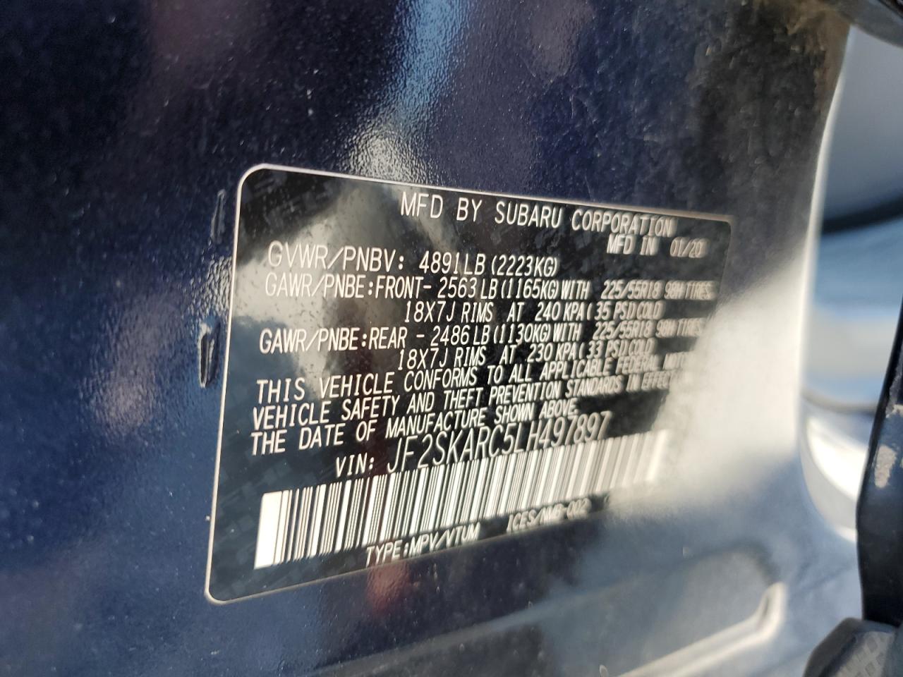 2020 Subaru Forester Sport VIN: JF2SKARC5LH497897 Lot: 60241065