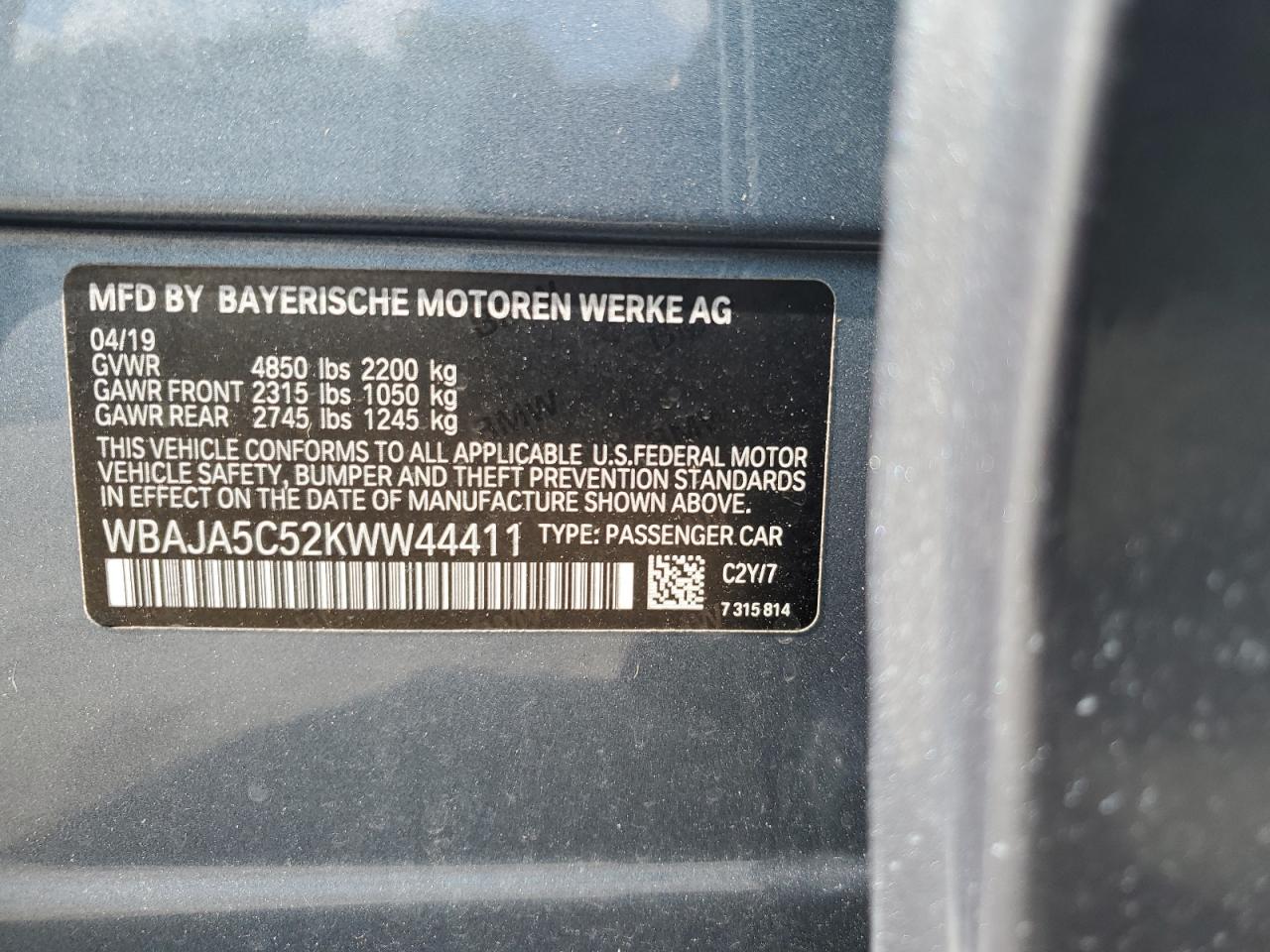 2019 BMW 530 I VIN: WBAJA5C52KWW44411 Lot: 60174965