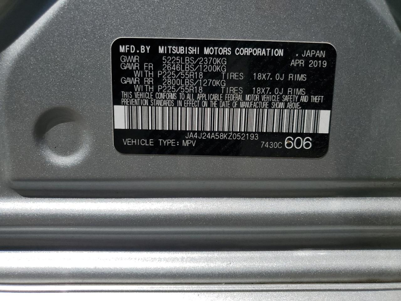 2019 Mitsubishi Outlander Sel VIN: JA4J24A58KZ052193 Lot: 64080695