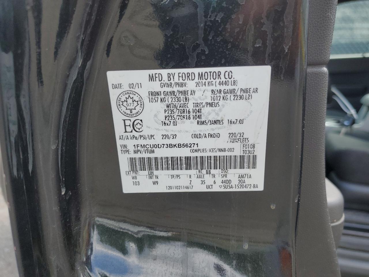 2011 Ford Escape Xlt VIN: 1FMCU0D73BKB56271 Lot: 65601935