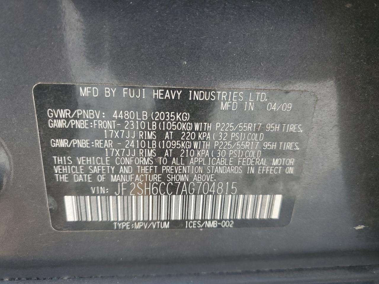 2010 Subaru Forester 2.5X Premium VIN: JF2SH6CC7AG704815 Lot: 64459255