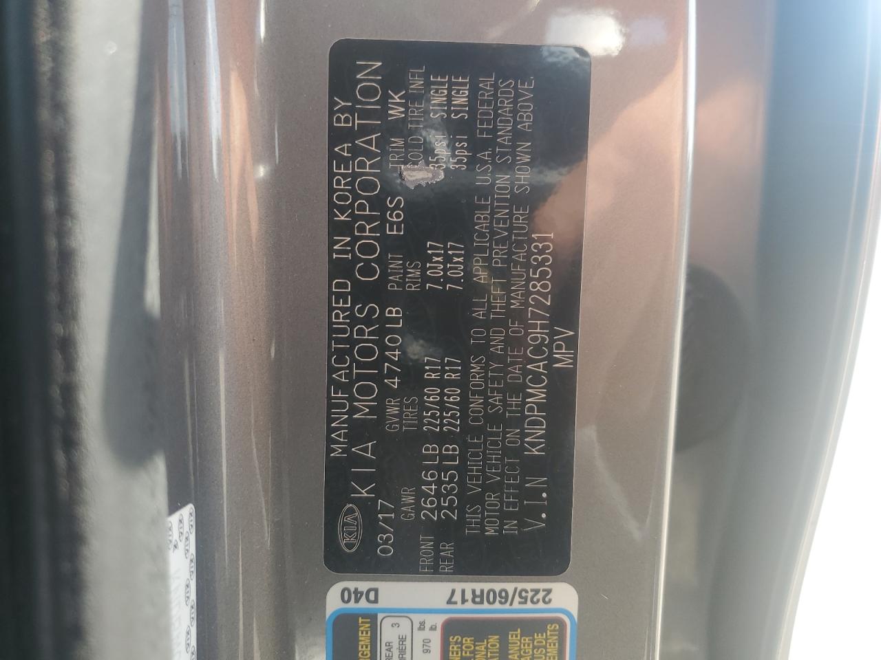 kndpmcac9h7285331 KNDPMCAC9H7285331 2017 Kia Sportage Lx