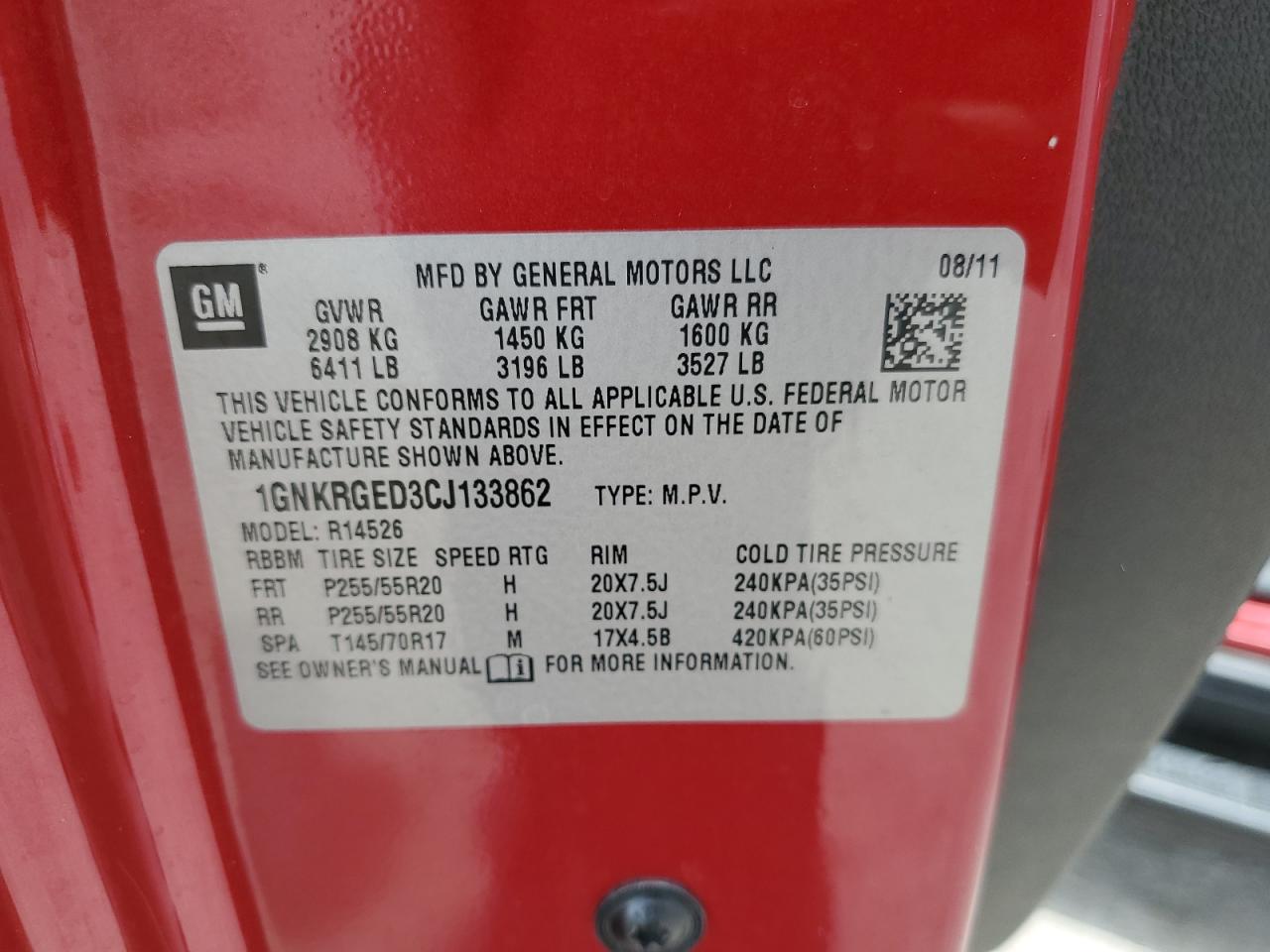 2012 Chevrolet Traverse Lt VIN: 1GNKRGED3CJ133862 Lot: 63292575