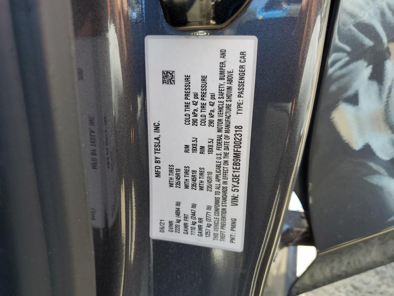 2021 Tesla Model 3 VIN: 5YJ3E1EB9MF002318 Lot: 65325525