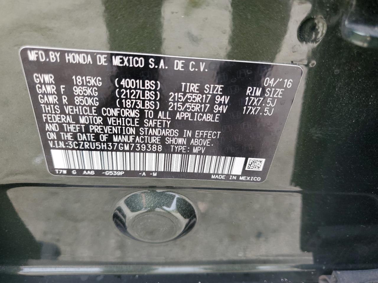 2016 Honda Hr-V Lx VIN: 3CZRU5H37GM739388 Lot: 64514675