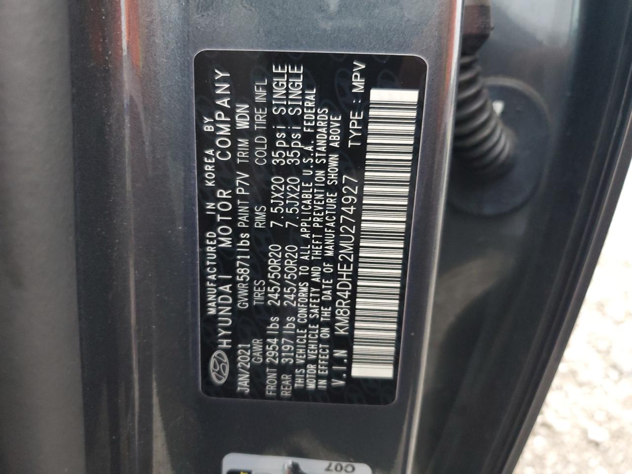 2021 Hyundai Palisade Sel VIN: KM8R4DHE2MU274927 Lot: 65457095