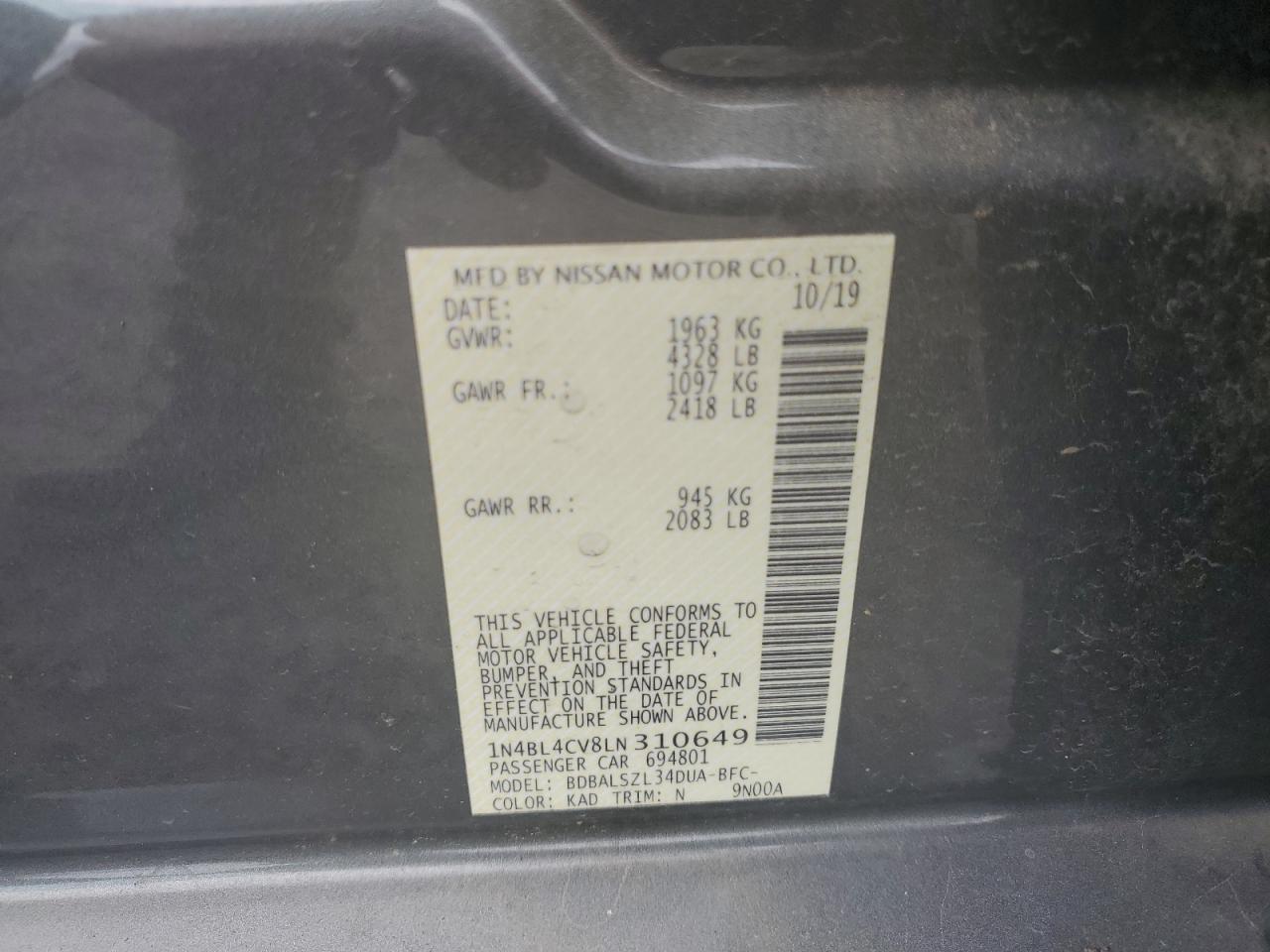 2020 Nissan Altima Sr VIN: 1N4BL4CV8LN310649 Lot: 65230185