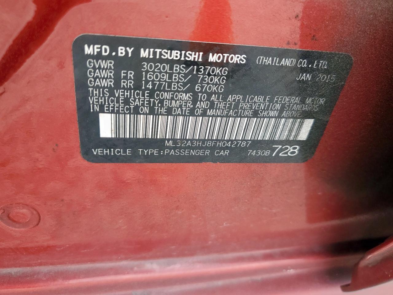 2015 Mitsubishi Mirage De VIN: ML32A3HJ8FH042787 Lot: 64338665
