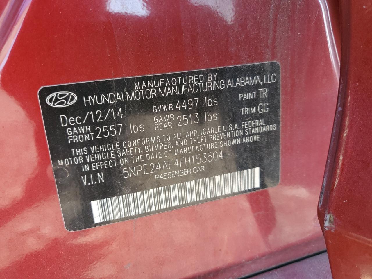 2015 Hyundai Sonata Se VIN: 5NPE24AF4FH153504 Lot: 61426425
