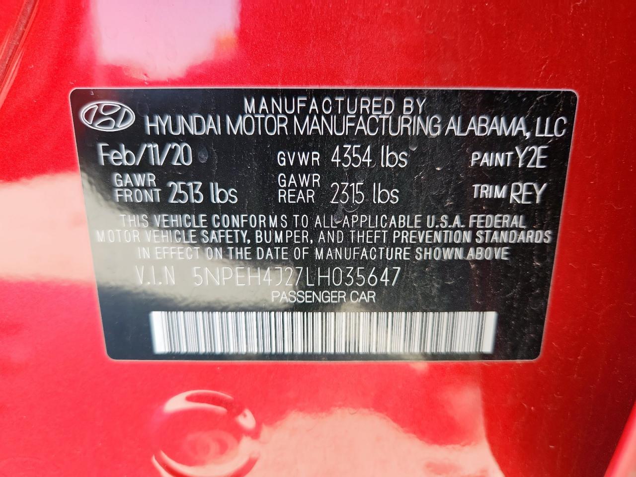 2020 Hyundai Sonata Limited VIN: 5NPEH4J27LH035647 Lot: 63926125