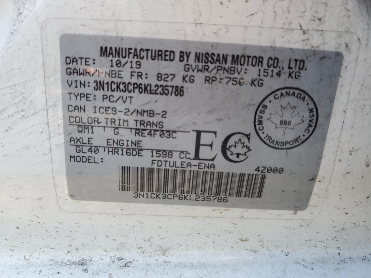2019 Nissan Micra VIN: 3N1CK3CP6KL235786 Lot: 63566855
