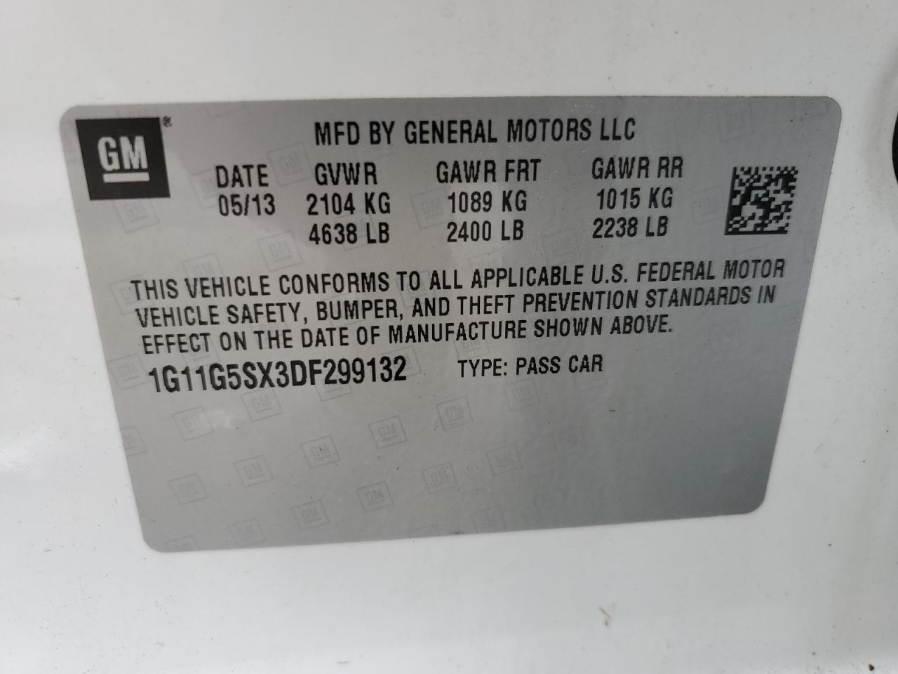 2013 Chevrolet Malibu 3Lt VIN: 1G11G5SX3DF299132 Lot: 63158025