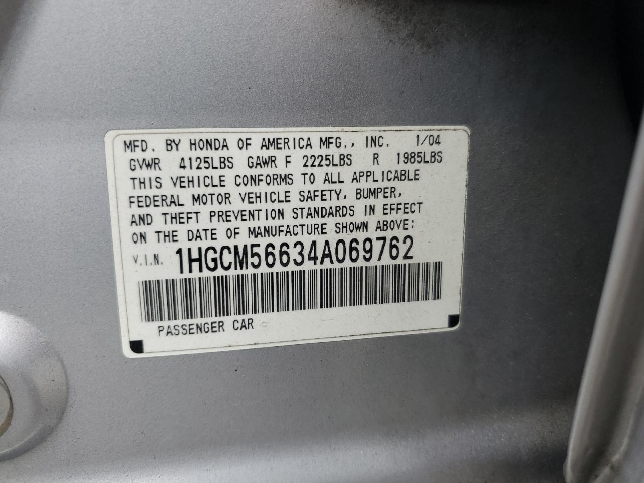 2004 Honda Accord Ex VIN: 1HGCM56634A069762 Lot: 63623135