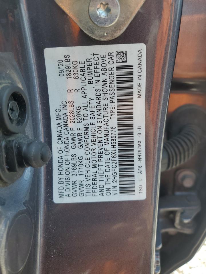 2020 Honda Civic Lx VIN: 2HGFC2F6XLH585776 Lot: 64169925
