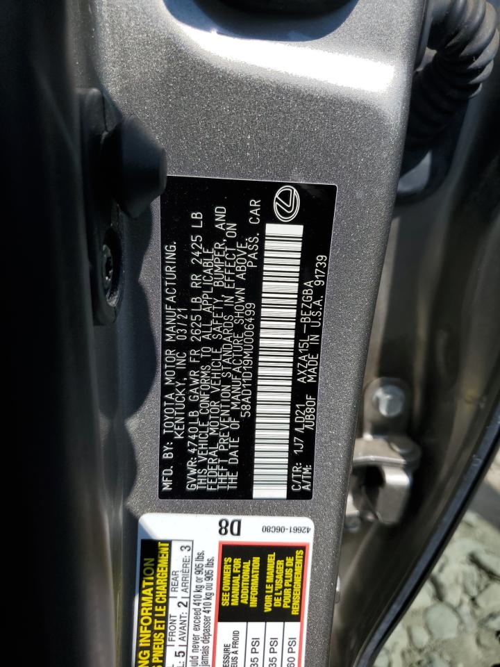2021 Lexus Es 250 Base VIN: 58AD11D19MU006499 Lot: 63091235