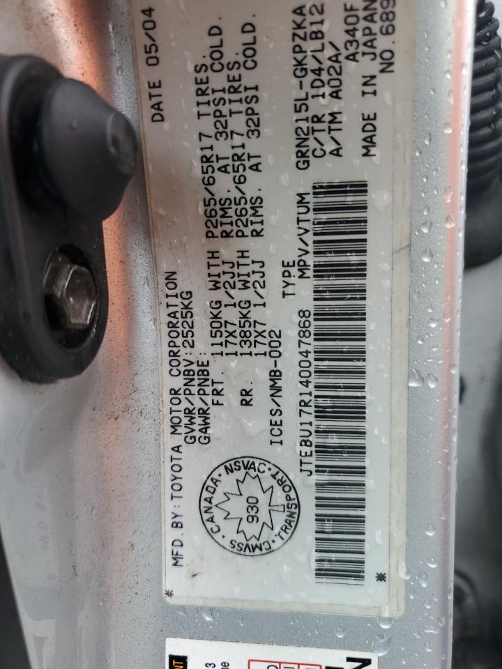 2004 Toyota 4Runner Limited VIN: JTEBU17R140047868 Lot: 65153275