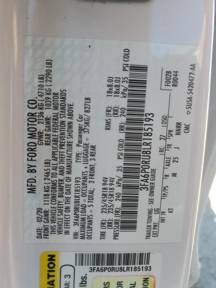 2020 Ford Fusion Titanium VIN: 3FA6P0RU8LR185193 Lot: 64775795